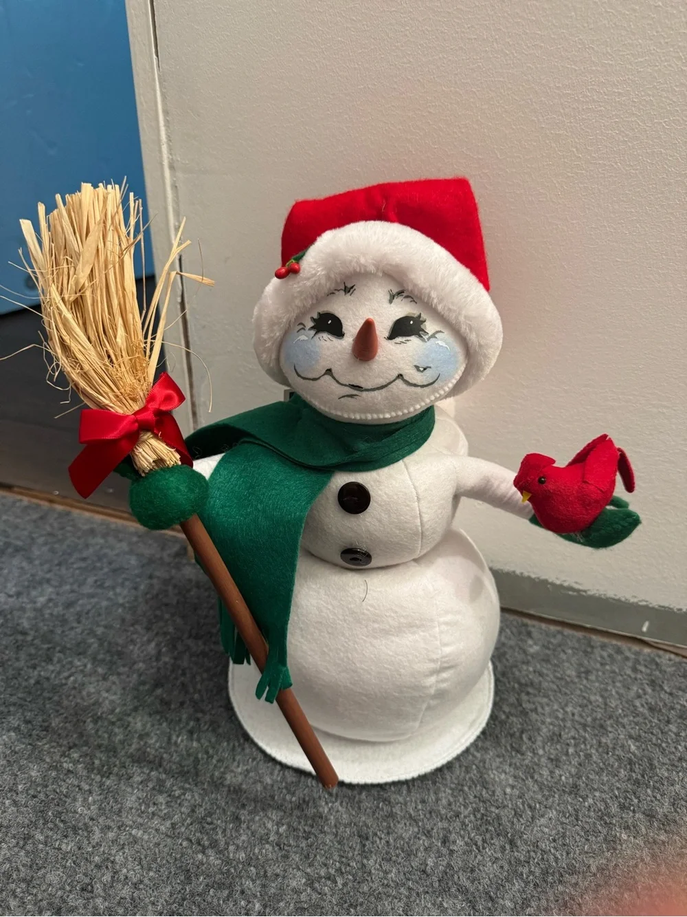 Annalee White Snowman with Red Hat, Green Scarf and Red Bird Accent